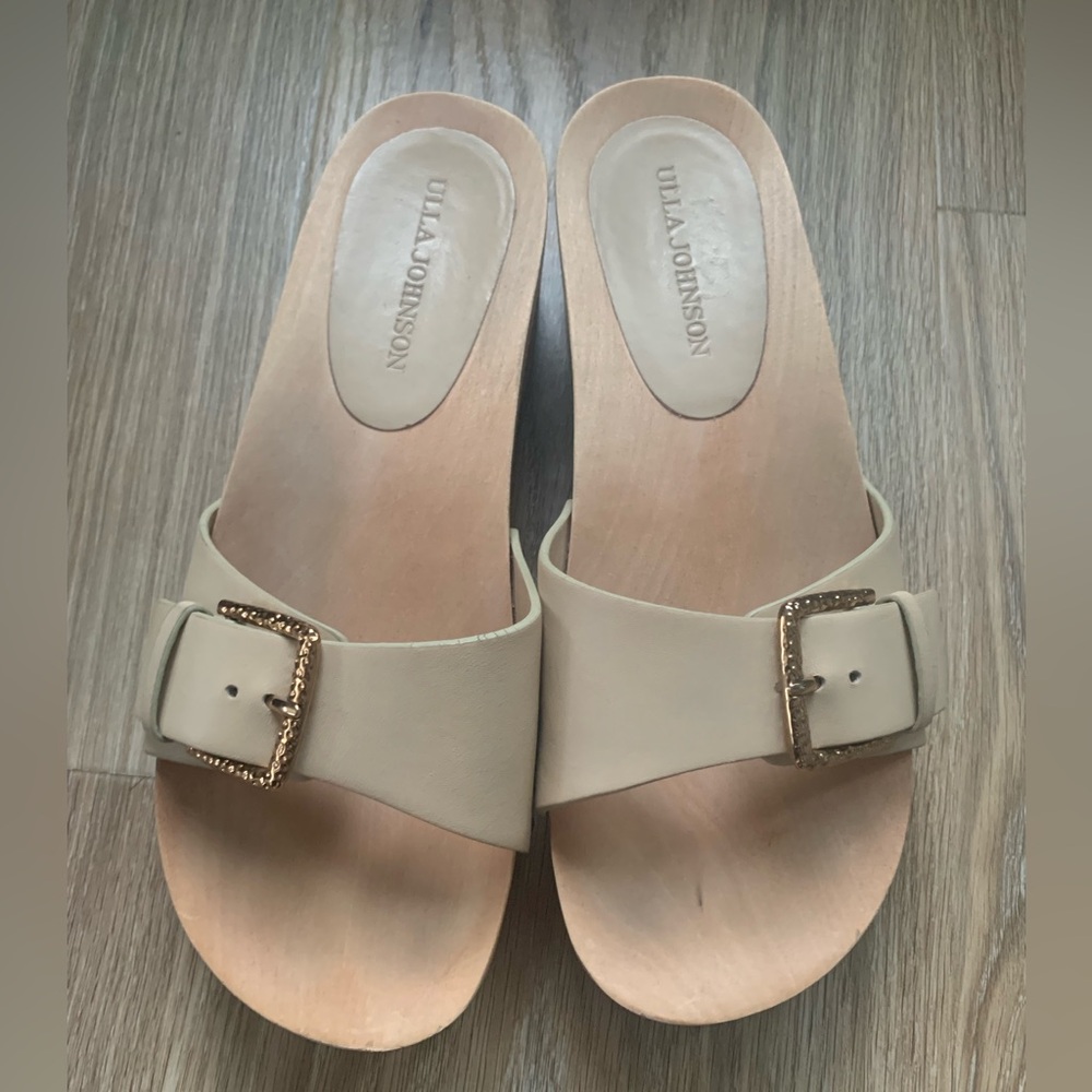Ulla Johnson Women's Buckle Wooden Clog Slide Sandals Cream Size 38.5 US 8 - Picture 3 of 11